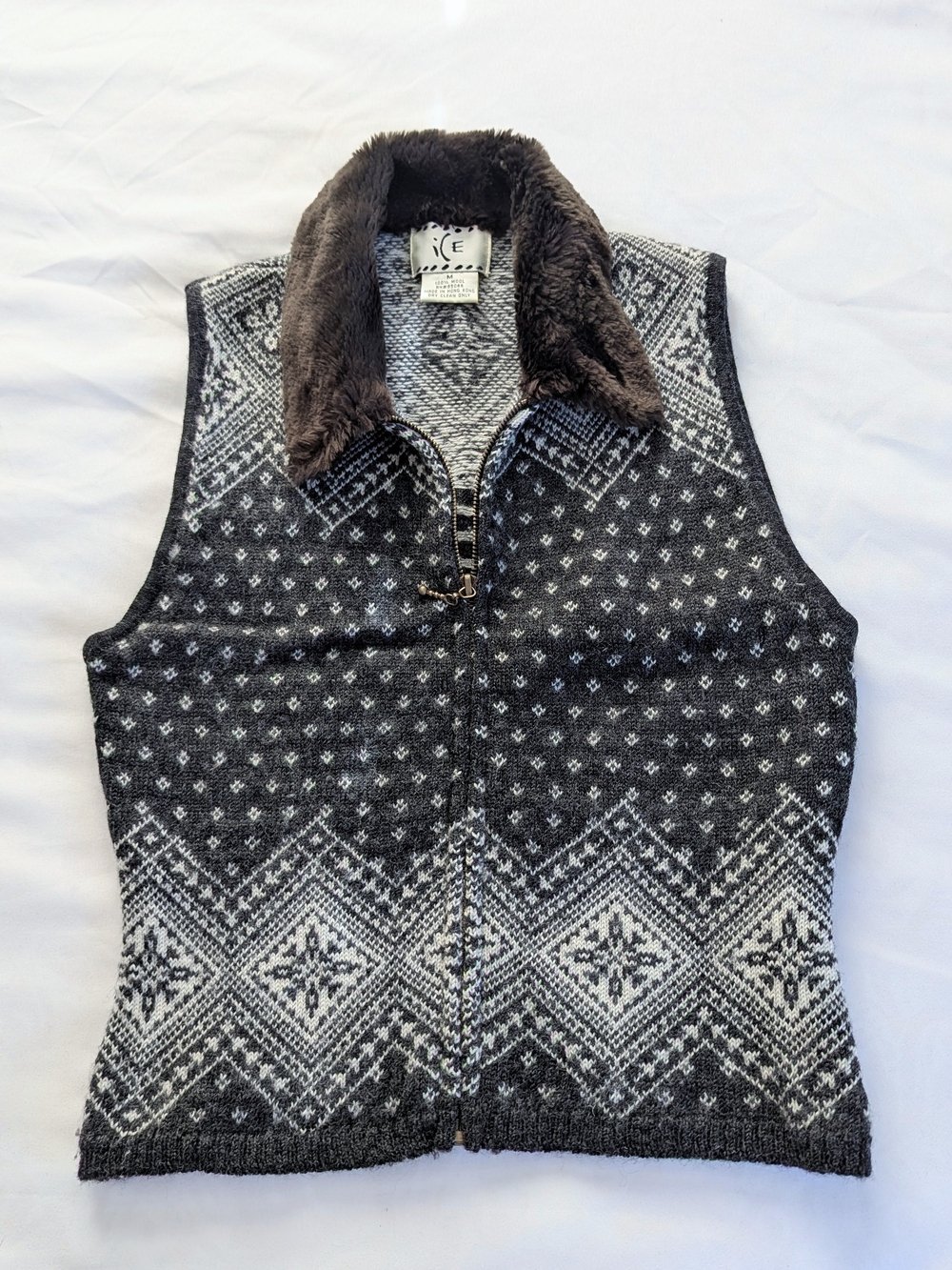 ICE Charcoal Fair Isle 100% Wool Faux-Fur Collar Knit Vest
